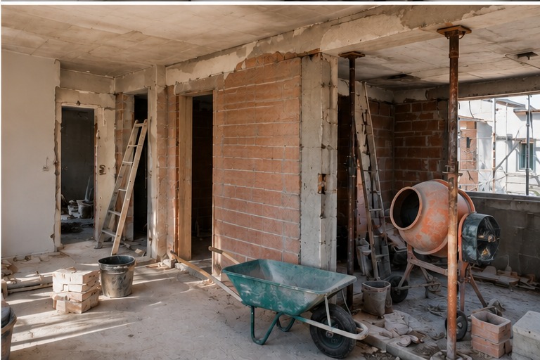 Obra interior amb paleteria, puntals i formigonera en habitatge