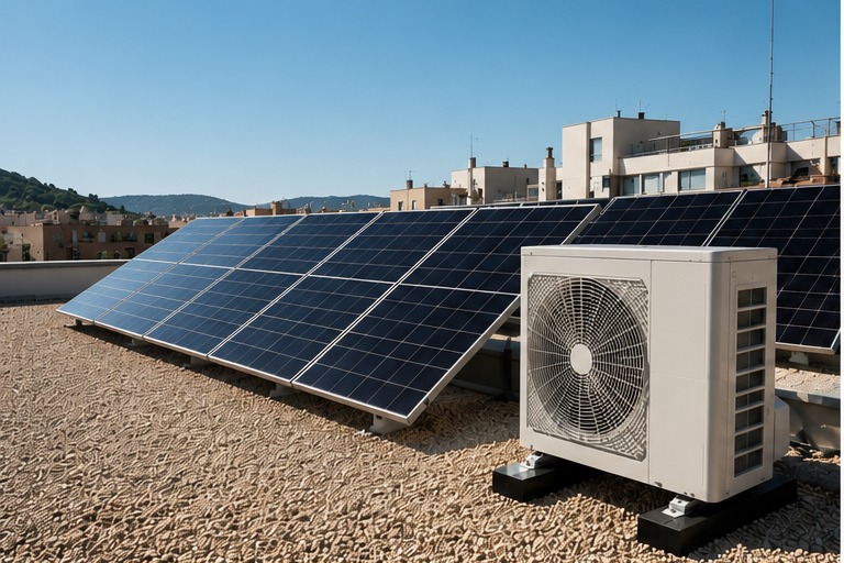 Coberta amb plaques solars i equip exterior de climatització eficient