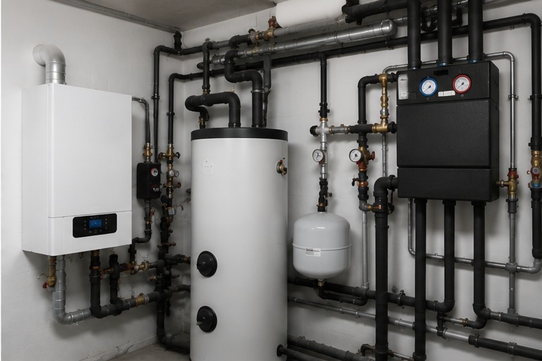Sala tècnica amb caldera, acumulador i circuits hidràulics instal·lats